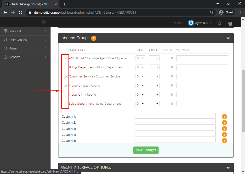 eDialer Inbound group checkbox