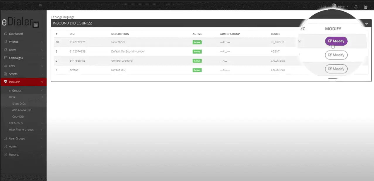 Show DIDs list — Modify button highlighted