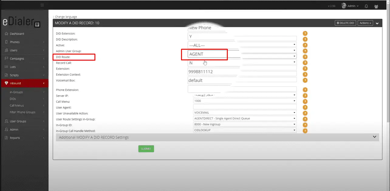 DID Route field with Agent option selected