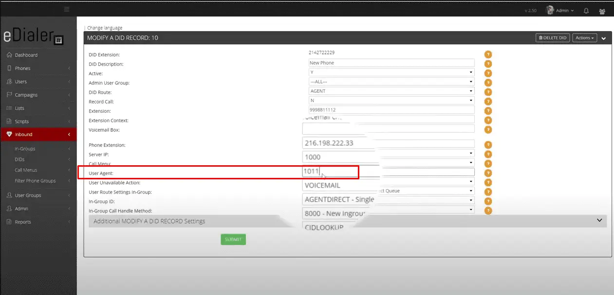 User Agent field with agent user ID entered