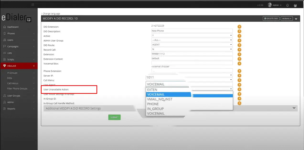 User Unavailable Action drop-down with routing options