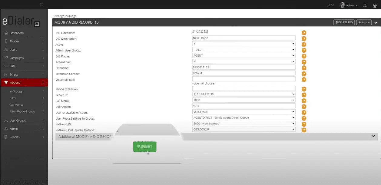 Submit button to save DID agent direct settings