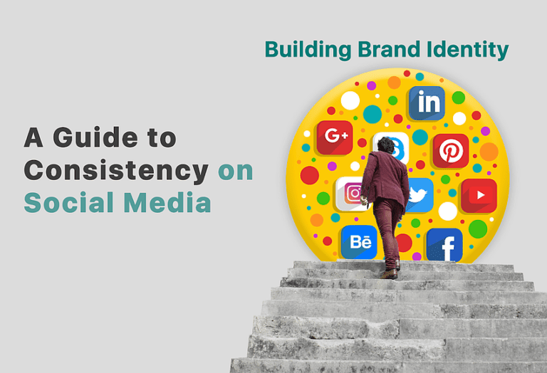 "Smartphone screen showing consistent brand graphics on a social media post with modern office background, emphasizing brand identity."