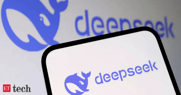 "Smartphone displaying a warning message about DeepSeek new sign-ups suspension, set against a blurred office background with cybersecurity icons."