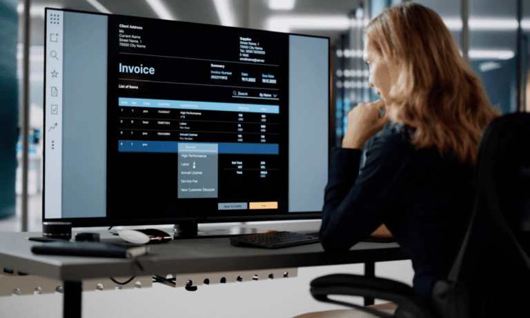 **Alt Text:** "A smartphone screen displays a suspicious invoice while AI-powered fraud detection software analyzes payment data, enhancing security."