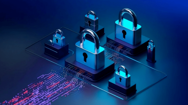 "Conceptual image of cybersecurity risks from future AI tools, featuring a phone with a suspicious chatbot, warning icons, and data streams."