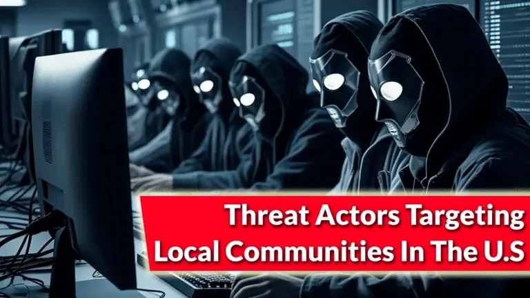 Alt Text: "A masked hacker in a dark room with digital code overlays, symbolizing international hackers threatening U.S. cities through cyber tactics."