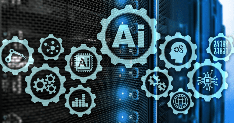 "Kore.ai Intermedia AI contact tools boost workplace communication, showing an AI-powered chatbot on a smartphone within a modern office setting."