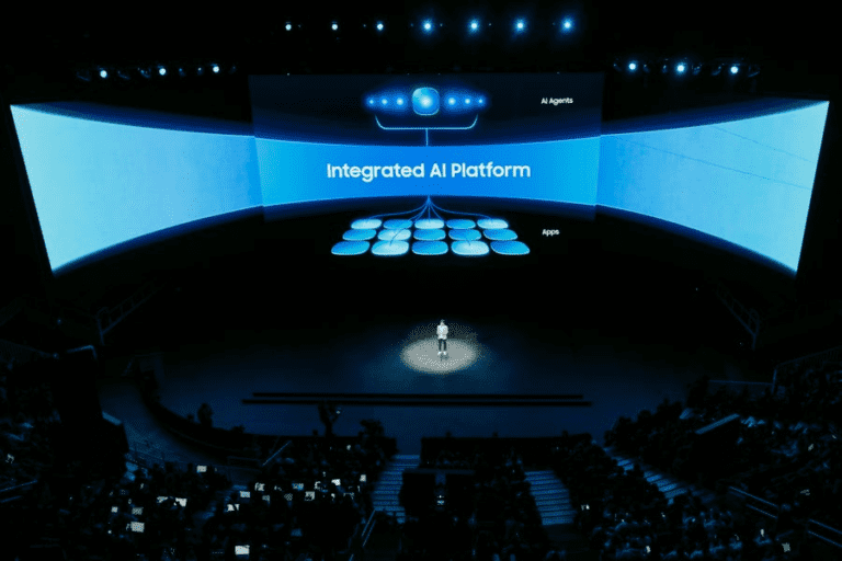 A sleek kitchen features Samsung AI smart home enhancement, showcasing motion-sensing appliances like a refrigerator and 3D-virtual-mapped devices.