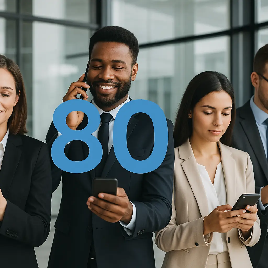 Office setting with professionals discussing and using a business 800 number for communication.