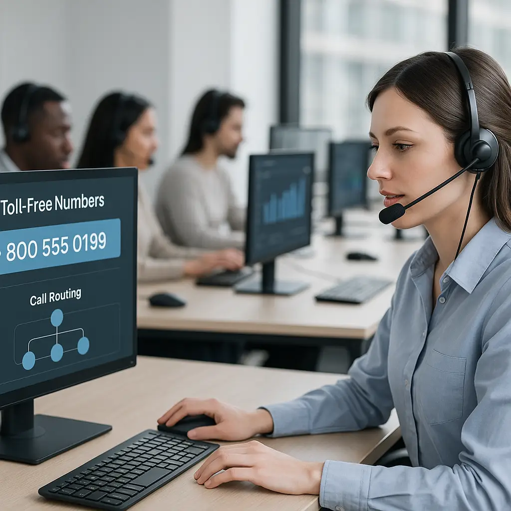 Call center operators using toll free number interface with call routing services.
