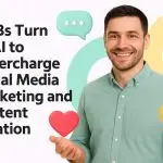 Illustration showing small business owners using AI in Social Media Marketing platforms