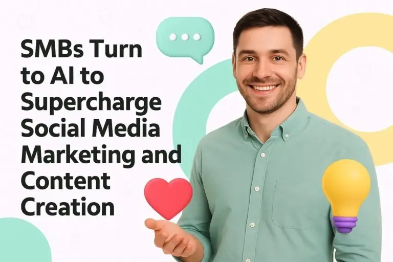 Illustration showing small business owners using AI in Social Media Marketing platforms