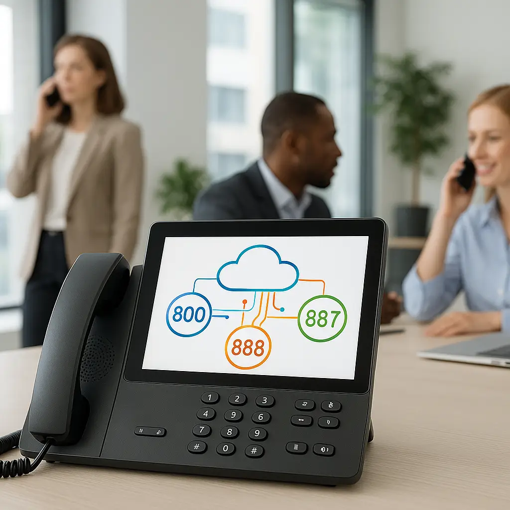 Office with virtual phone interface displaying toll-free virtual phone numbers for business