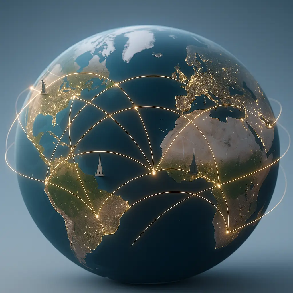 Digital network showcasing cities connected by local virtual phone numbers.