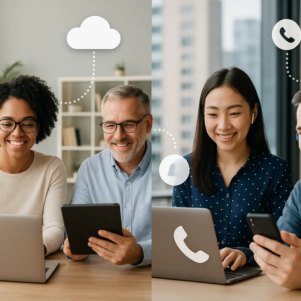 Virtual phone numbers for remote teams shown with a diverse group on various devices and connectivity symbols.