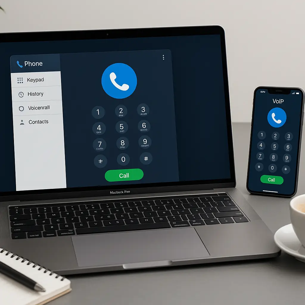 Modern workspace showing virtual phone numbers for small business communication.