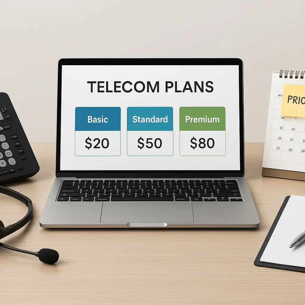 An office desk with phone headset, calculator, and laptop showing 800 number pricing plan.