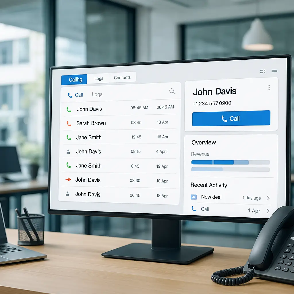 Business phone system with CRM integration displaying call logs and customer data insights on a screen.
