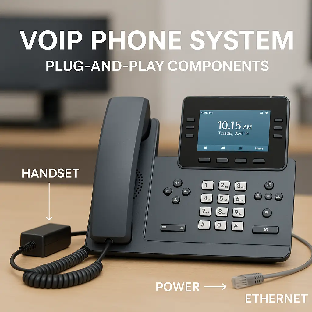Easy setup business phone system including VoIP components and an office desk.