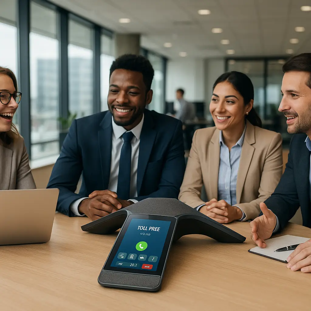 A diverse team in an office using high-tech phones, representing enterprise toll free phone numbers.