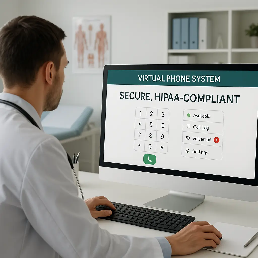 Doctor using HIPAA compliant virtual phone system in a healthcare setting.