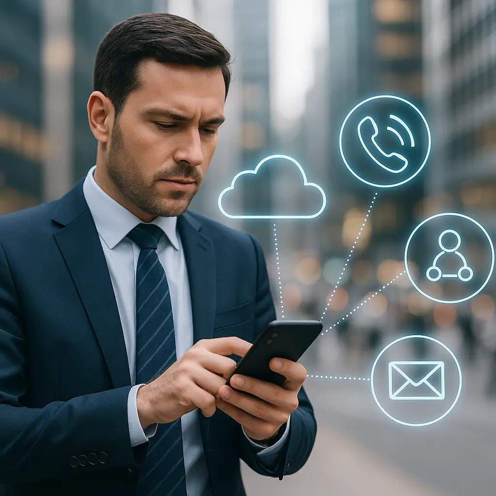 Business professional using a mobile virtual phone system with digital connectivity icons.