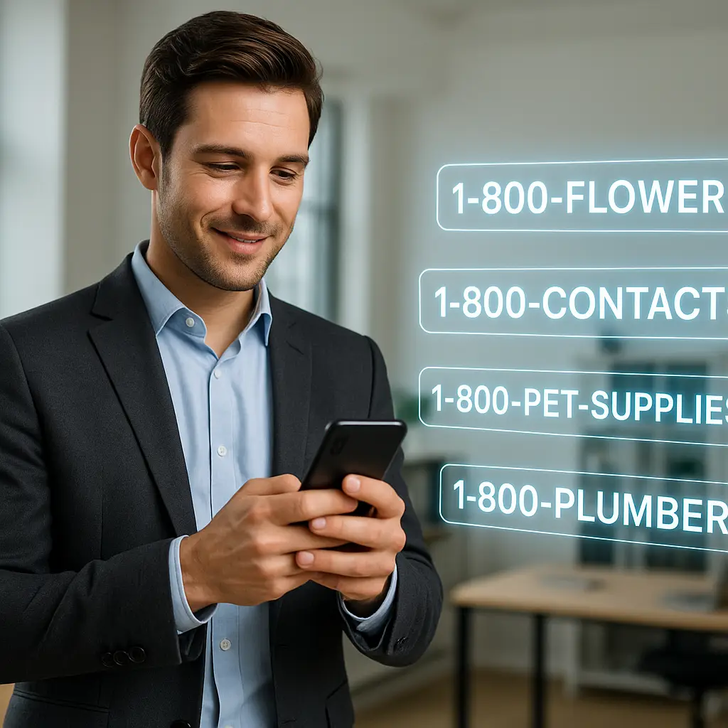 Business professional with holographic vanity 800 numbers representing custom phone numbers for business branding.