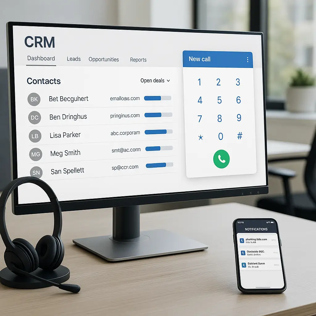 Virtual phone system with CRM integration displayed on a computer in an office setting.