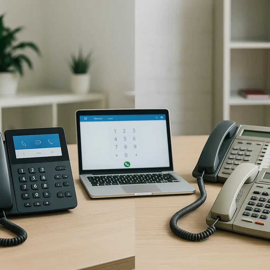VoIP vs PBX comparison for small business phone systems, featuring digital and analog setups.